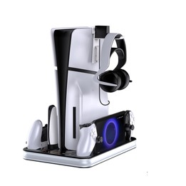 JYS Charging Display Station for PS5/PS5 Slim/PS Portal Dual Controller Dock with Cooling Fan & Headphone Hook(Black White)