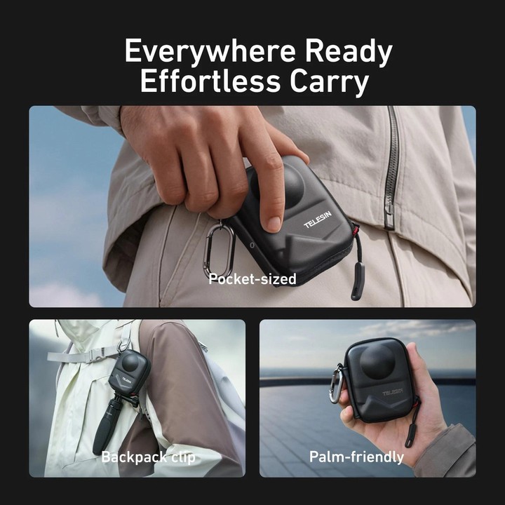 TELESIN Full-Coverage PU Carrying Case for DJI Osmo 360 Camera Protective Pouch with Carabiner Clip