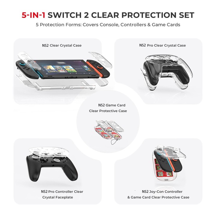 For Nintendo Switch 2 JYS 5-in-1 Crystal Case Full Protection Set Includes Console Shell, Joy-con & Pro Controller Cover, Facepl