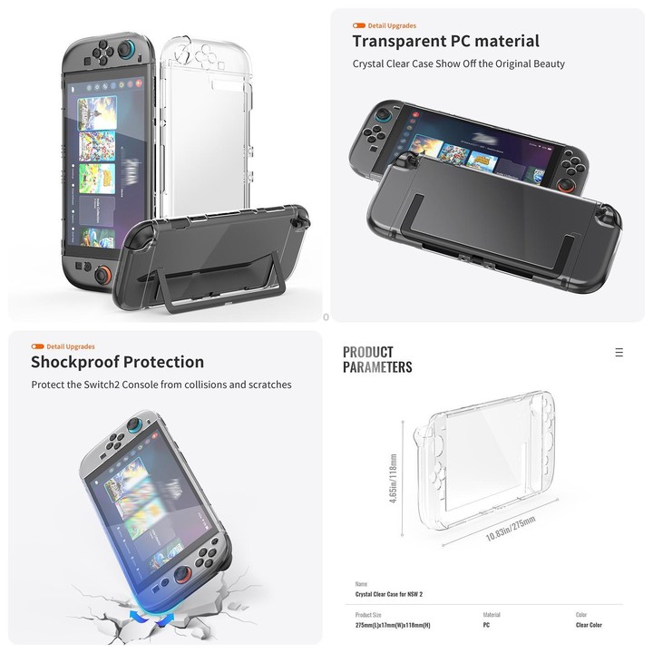 For Nintendo Switch 2 JYS 5-in-1 Crystal Case Full Protection Set Includes Console Shell, Joy-con & Pro Controller Cover, Facepl
