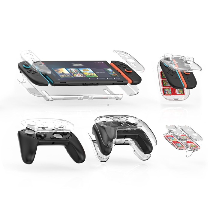 For Nintendo Switch 2 JYS 5-in-1 Crystal Case Full Protection Set Includes Console Shell, Joy-con & Pro Controller Cover, Facepl