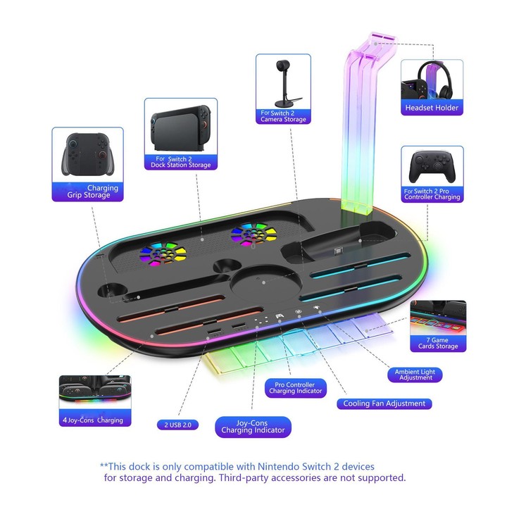 For Nintendo Switch 2 JYS NS2322 With RGB Light Charging Base Cooling Charging Storage Integrated Base(White)