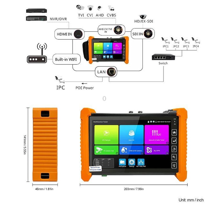 IPC-7200 7 Inch Network Coaxial AHD/CVI/TVI/SDI Video Surveillance Tester EU Plug