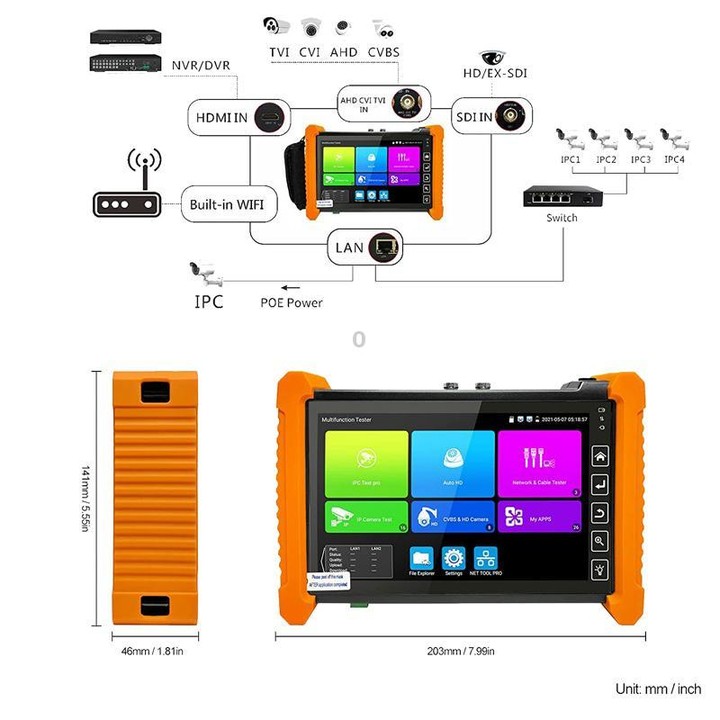IPC-7200 7 Inch Network Coaxial AHD/CVI/TVI/SDI Video Surveillance Tester AU Plug