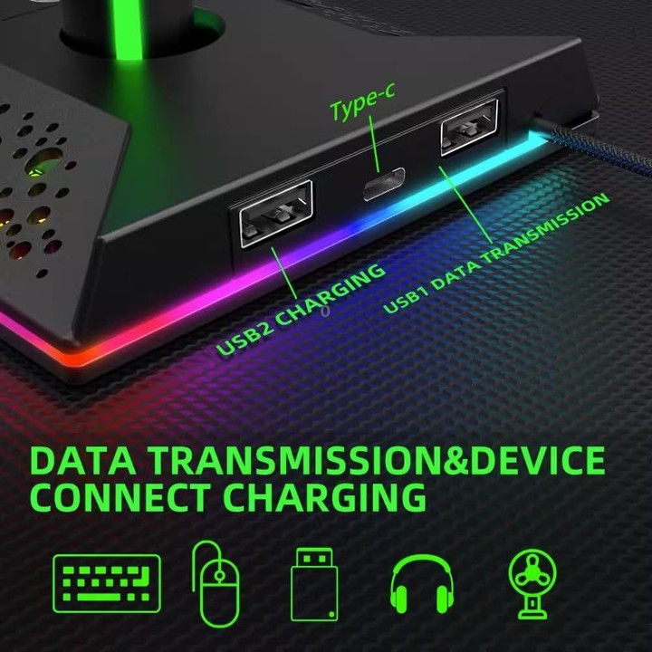 Piifoxer RGB Luminous Headphone Stand Handle Display Stand Charging Expansion Port, Specification: USB 2.0+Type-C(Pink)