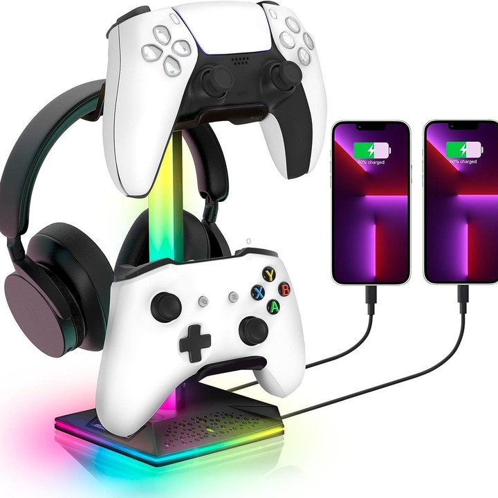 Piifoxer RGB Luminous Headphone Stand Handle Display Stand Charging Expansion Port, Specification: USB 2.0+Type-C(Pink)