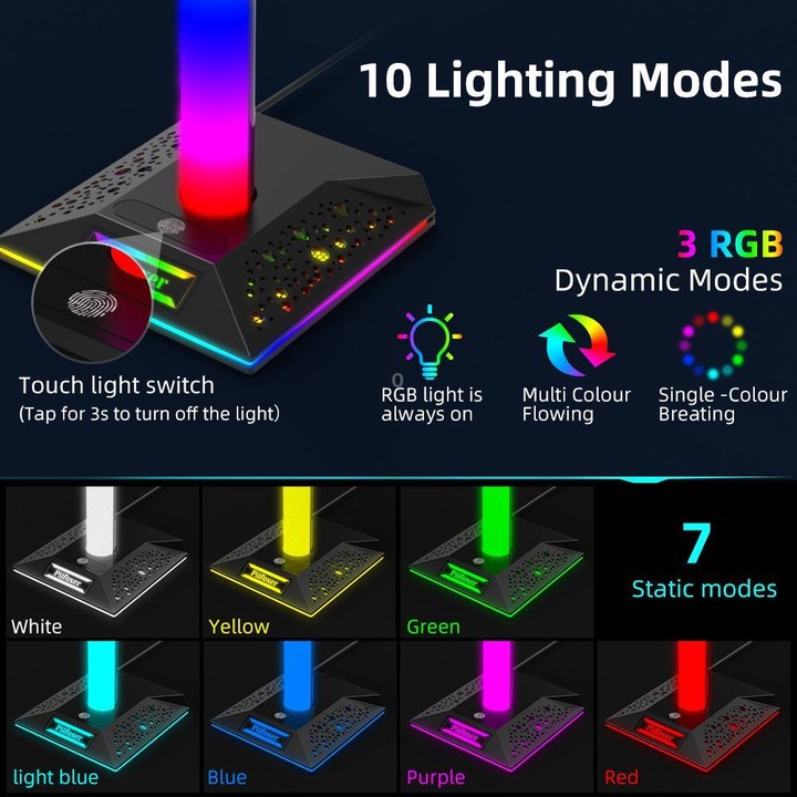 Piifoxer RGB Luminous Headphone Stand Handle Display Stand Charging Expansion Port, Specification: USB 2.0+Type-C(Pink)