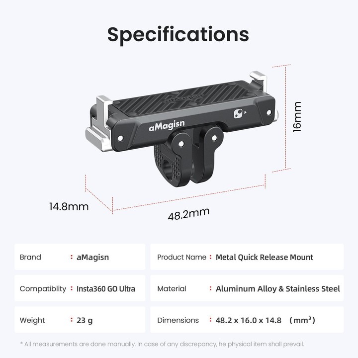For Insta360 Go Ultra Camera AMagisn Metal Quick Release Magnetic Adapter With 1/4-Inch Threaded Hol(Black)