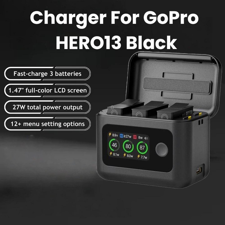 SYMIK Battery Charger For GoPro HERO13 Black Charging Hub Portable Power Manager With 1.47-Inch LCD Screen(Black)