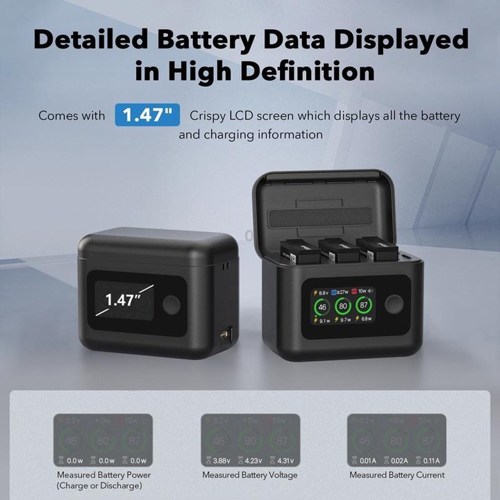 SYMIK Battery Charger For GoPro HERO13 Black Charging Hub Portable Power Manager With 1.47-Inch LCD Screen(Black)