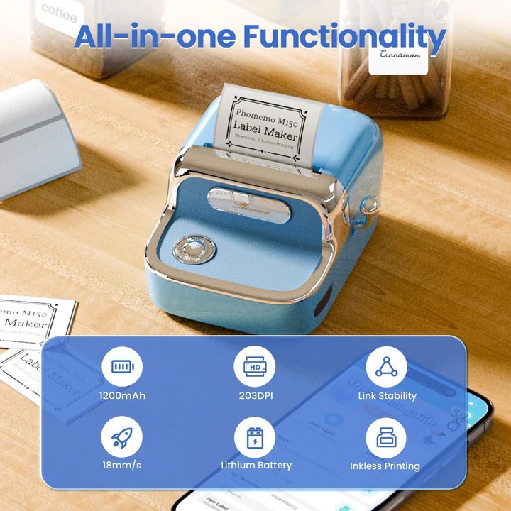 Phomemo M150 Bluetooth Thermal Printer Rechargeable Inkless Barcode Label Maker(Sky Blue)