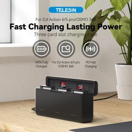 TELESIN Fast Charging Case For DJI Osmo Action 6 / 360 / 5 Pro 3-Slot Battery Storage Box(Black)