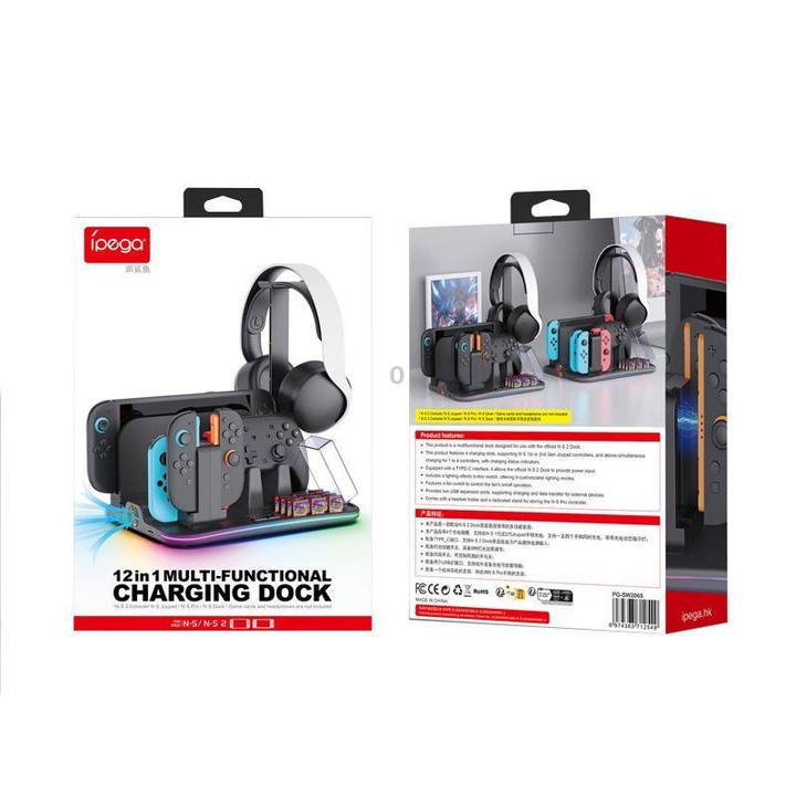 ipega 12-in-1 Multi-Function Charging Dock for Nintendo Switch 2/Switch Joy-Con Charging, Pro Controller Dock, Cooling Fan, Game