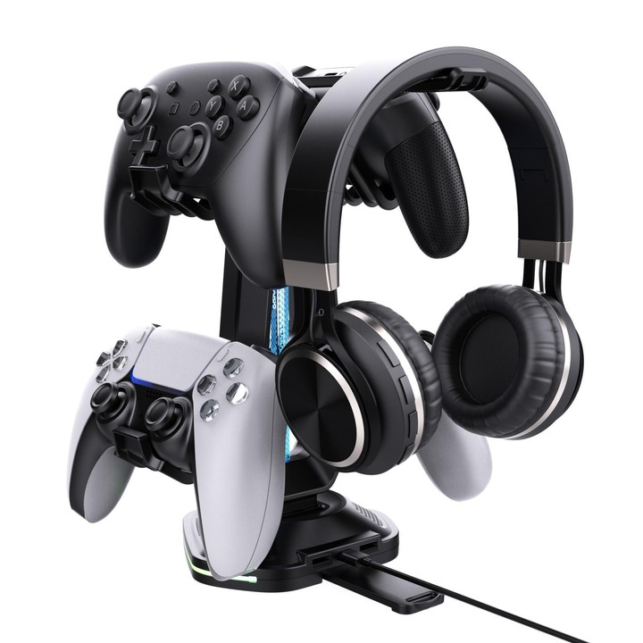 Multi-Function Gaming Stand For Headset & 4 Controllers With Dual USB Charging Ports And RGB Lighting(Black)
