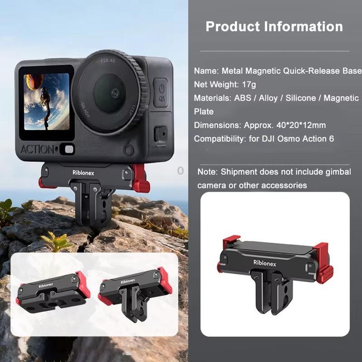 For DJI Osmo Action 6 / Nano Ribionex Dual-Sided Magnetic Quick-release Adapter Mount with 2-Claw and 1/4-inch Tripod Thread(Bla