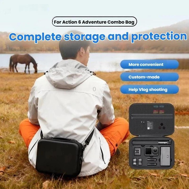For DJI Osmo Action 6 Adventure Combo Carrying Case Shock-Absorbing EVA+PU Storage Bag Shoulder Strap Black