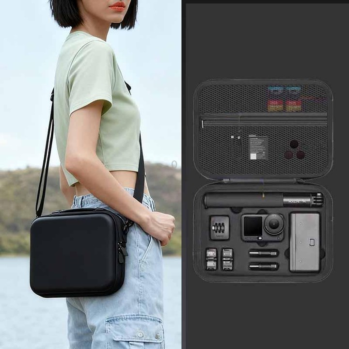 For DJI Osmo Action 6 Adventure Combo Carrying Case Shock-Absorbing EVA+PU Storage Bag Shoulder Strap Black
