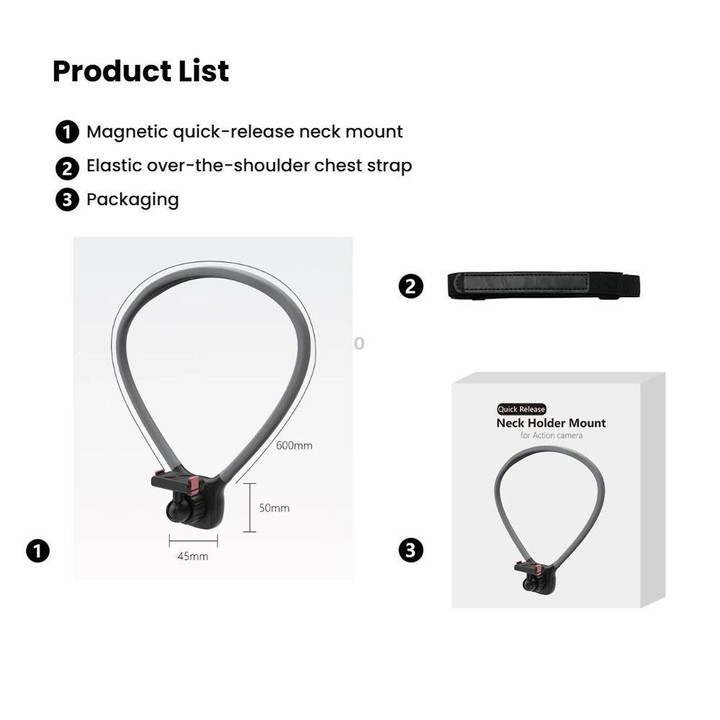 Magnetic Quick-Release Neck Mount For DJI Osmo 360 / Action 5 Pro/ 4 / 3 with 360-Degree Rotating Ball Head & Chest Strap(Black)