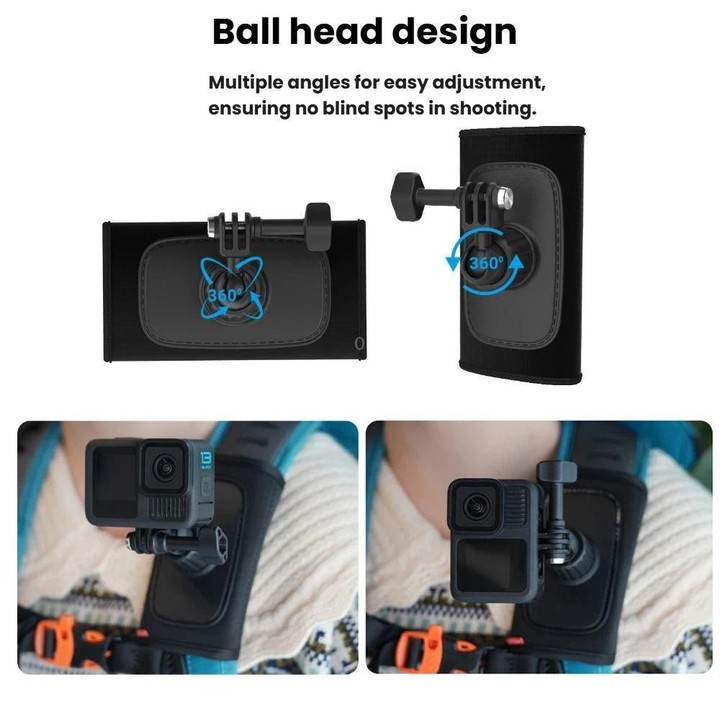 Universal Shoulder Strap Mount For Action Cameras With 360-Degree Rotating Ball Head Hands-Free POV Shooting(Black)