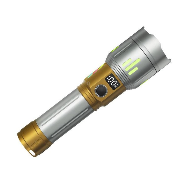 Rechargeable Zoomable High-Power Flashlight Handheld Aluminum Alloy Strong Light Torch(Silver Gold)