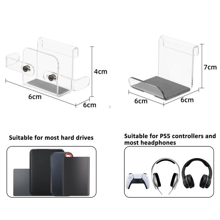 For PS5 Console Acrylic Overhead Hanger Dual Hook for Controller, Headset, and Hard Drive Storage(Clear)