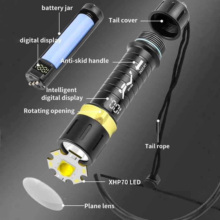 XHP70 LED IPX8 Waterproof High-Power Diving Flashlight Magnetic Control Switch Rechargeable Dive Light Built In 21700 Battery