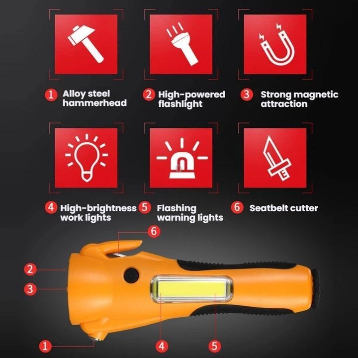 Multifunctional Emergency High-Intensity Magnetic COB Work Light with Car Safety Hammer(Orange)