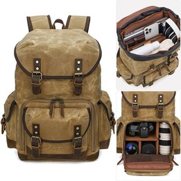 Waxed Canvas Photography Backpack Retro Double-Shoulder Bag For Mirrorless Camera And Laptop(Khaki)