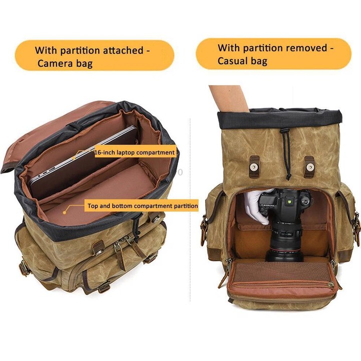 Waxed Canvas Photography Backpack Retro Double-Shoulder Bag For Mirrorless Camera And Laptop(Army Green)