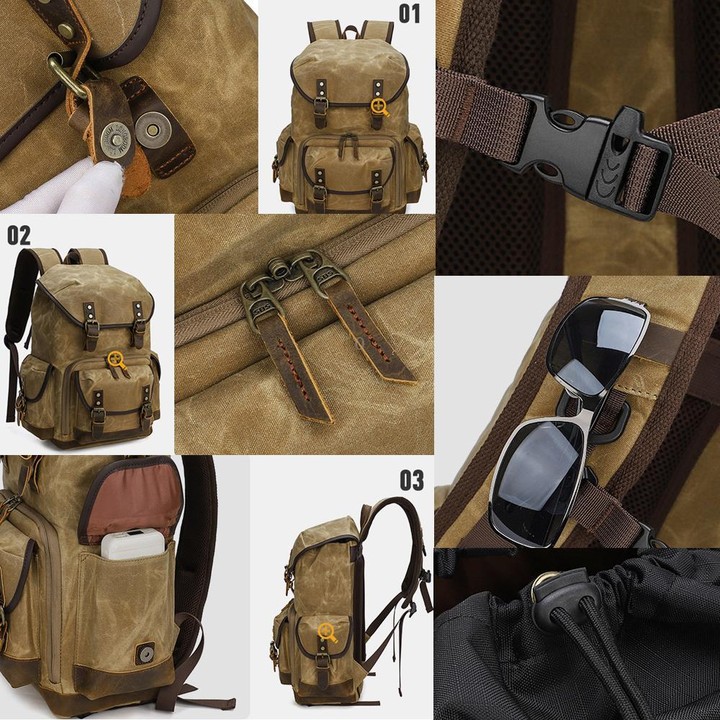 Waxed Canvas Photography Backpack Retro Double-Shoulder Bag For Mirrorless Camera And Laptop(Army Green)