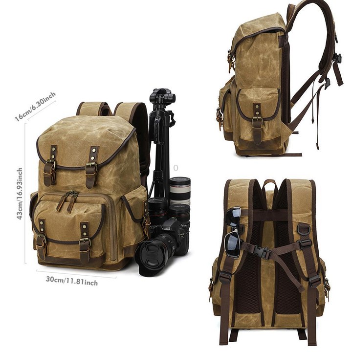 Waxed Canvas Photography Backpack Retro Double-Shoulder Bag For Mirrorless Camera And Laptop(Army Green)