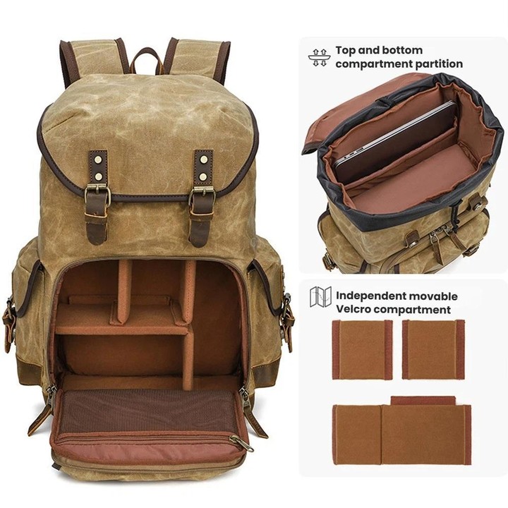 Waxed Canvas Photography Backpack Retro Double-Shoulder Bag For Mirrorless Camera And Laptop(Gray)