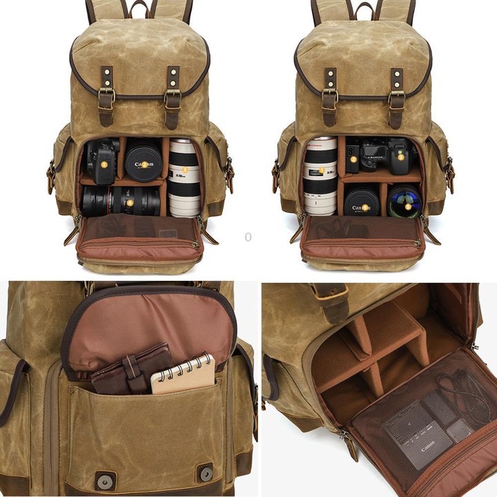 Waxed Canvas Photography Backpack Retro Double-Shoulder Bag For Mirrorless Camera And Laptop(Gray)