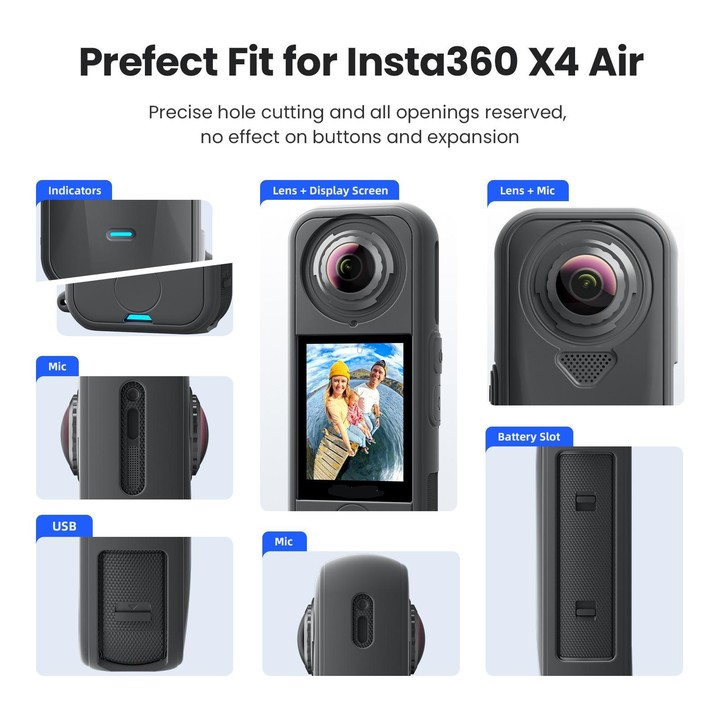 For Insta360 X4 Air Camera aMagisn Silicone Case & Lens Cap Black