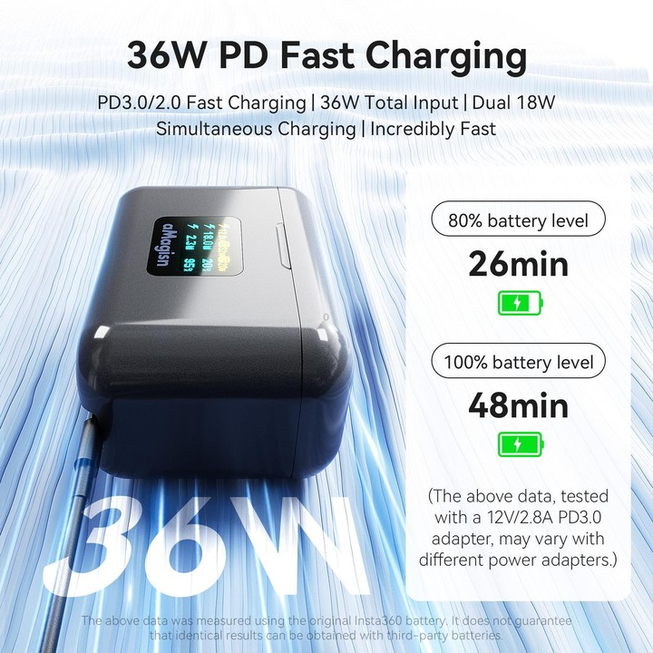 For Insta360 X4 Air Battery aMagisn 36W Fast Charging Case with Color Display & Built-in USB-C Cable(Black)