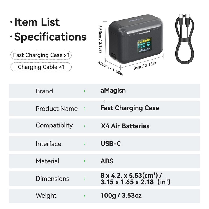 For Insta360 X4 Air Battery aMagisn 36W Fast Charging Case with Color Display & Built-in USB-C Cable(Black)
