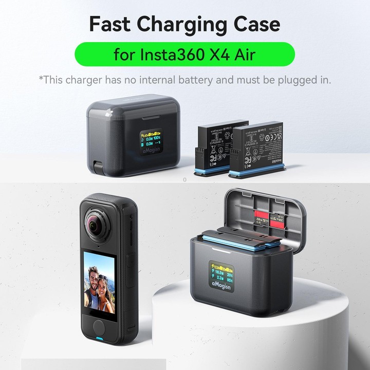 For Insta360 X4 Air Battery aMagisn 36W Fast Charging Case with Color Display & Built-in USB-C Cable(Black)