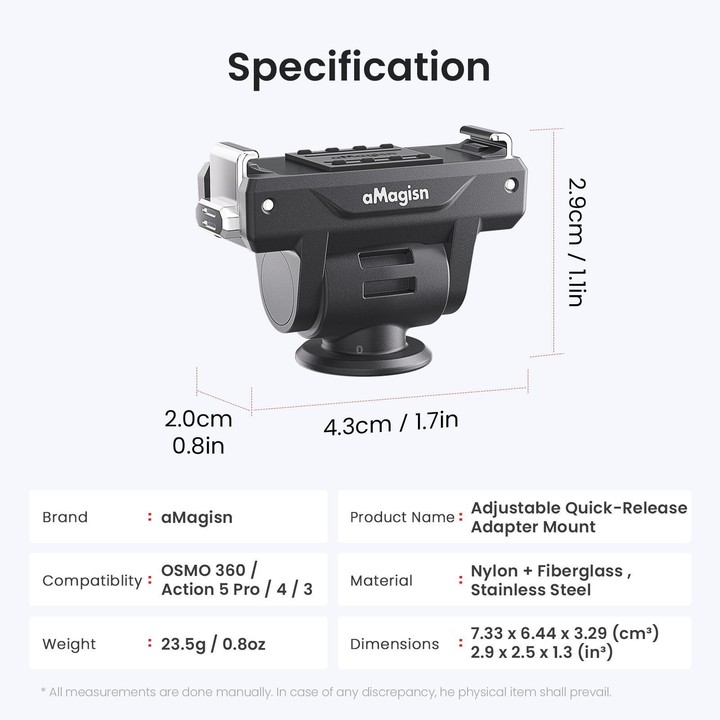 AMagisn Adjustable Quick Release Adapter For DJI Osmo 360/Action 5 Pro/4/3 - 4-Level Fast Perspective Switch(Black)