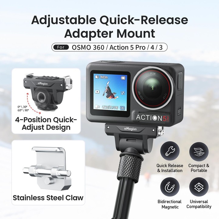 AMagisn Adjustable Quick Release Adapter For DJI Osmo 360/Action 5 Pro/4/3 - 4-Level Fast Perspective Switch(Black)