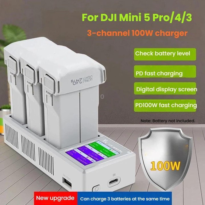 YX 100W 3-Bay LCD Charging Hub for DJI Mini 5 Pro/4/3 With Color Screen Fast Charger Station(Gray)