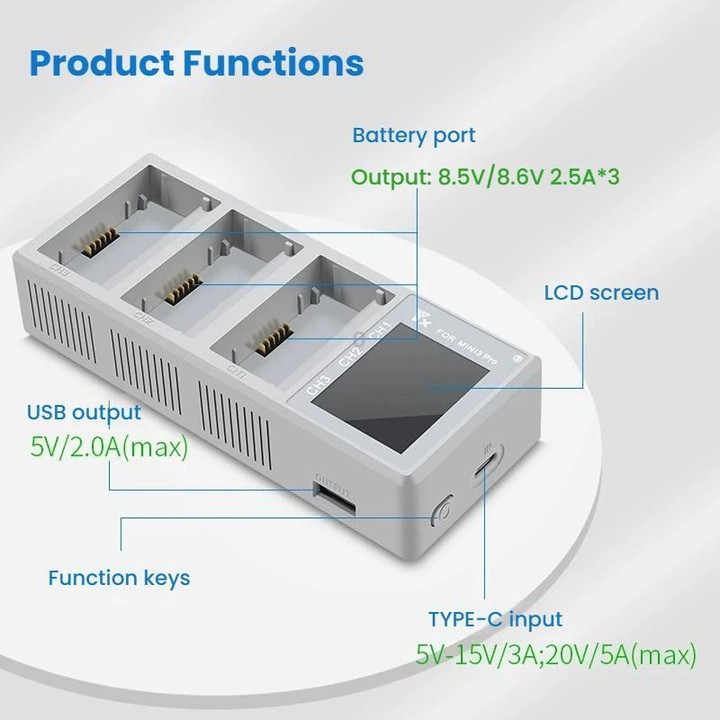 YX 100W 3-Bay LCD Charging Hub for DJI Mini 5 Pro/4/3 With Color Screen Fast Charger Station(Gray)