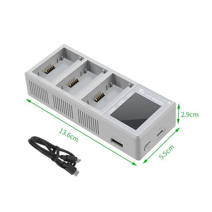 YX 100W 3-Bay LCD Charging Hub for DJI Mini 5 Pro/4/3 With Color Screen Fast Charger Station(Gray)