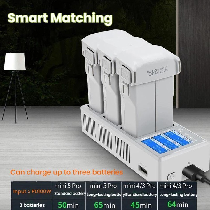 YX 100W 3-Bay LCD Charging Hub for DJI Mini 5 Pro/4/3 With Color Screen Fast Charger Station(Gray)