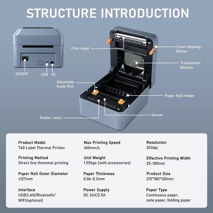 HZTZ T40 USB 4-Inch Thermal Label Printer for Shipping, Barcode & Packaging Labels 25-100mm Print Width, EU Plug