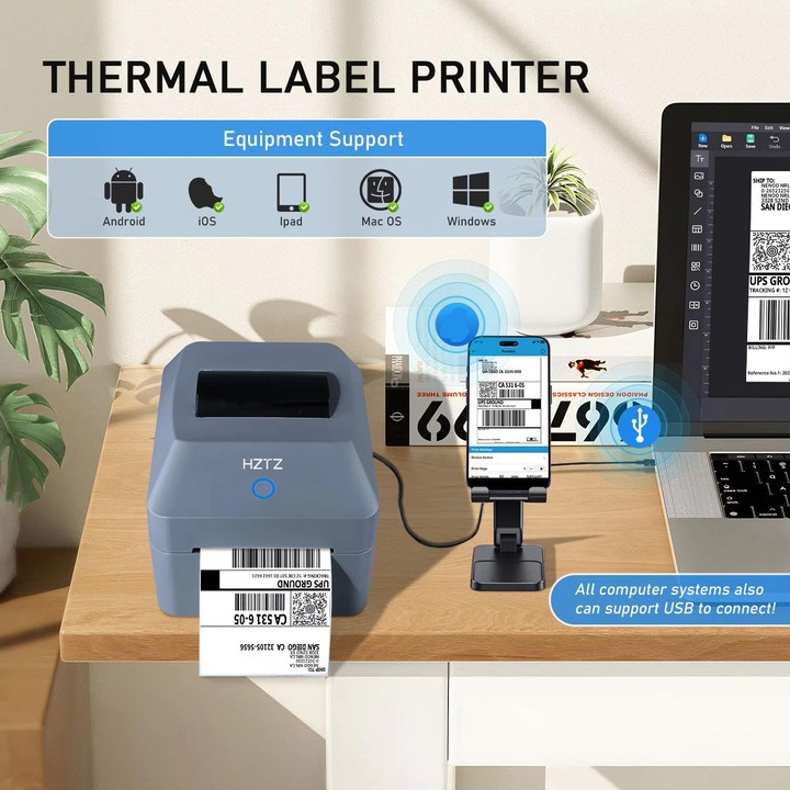 HZTZ T40 USB+Bluetooth+Wi-Fi 4-Inch Thermal Label Printer for Shipping, Barcode & Packaging Labels 25-100mm Print Width, EU Plug