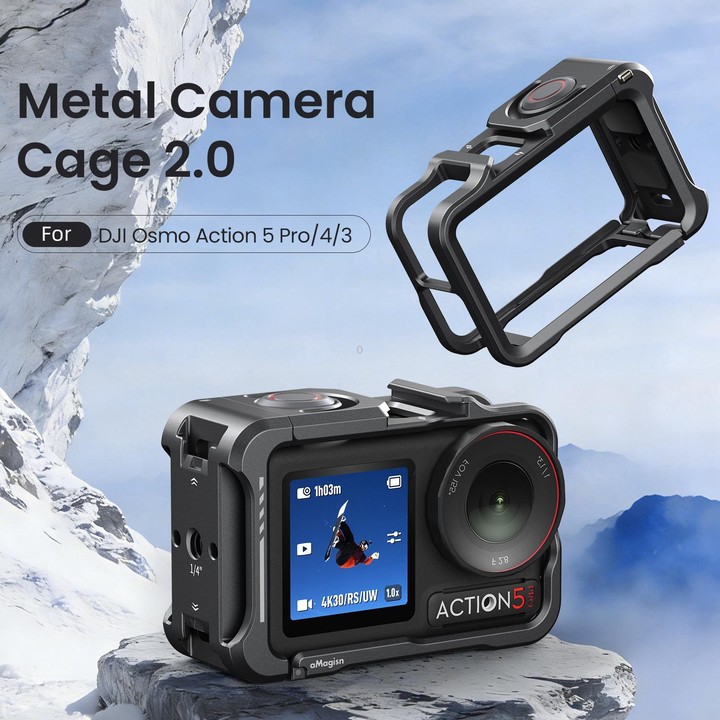 For DJI OSMO Action 5 Pro /4/3 aMagisn Metal Camera Cage2.0 Quick Release Protective Frame with Silicone Lens Cap(Black)