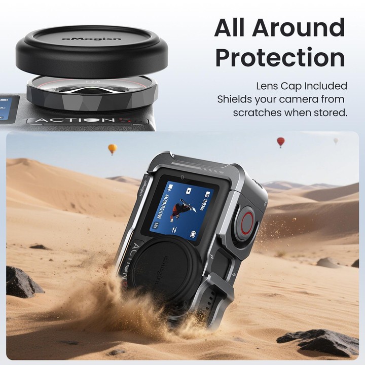 For DJI OSMO Action 5 Pro /4/3 aMagisn Metal Camera Cage2.0 Quick Release Protective Frame with Silicone Lens Cap(Black)