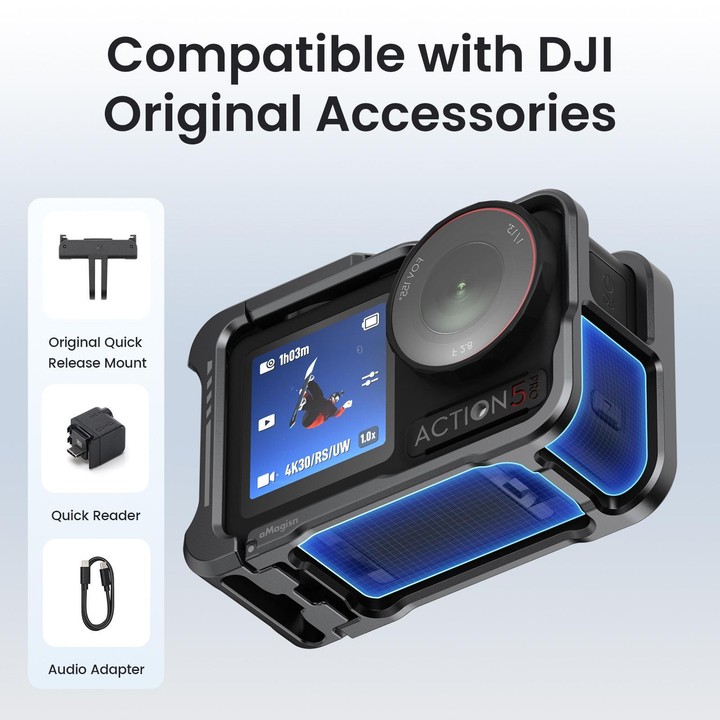 For DJI OSMO Action 5 Pro /4/3 aMagisn Metal Camera Cage2.0 Quick Release Protective Frame with Silicone Lens Cap(Black)