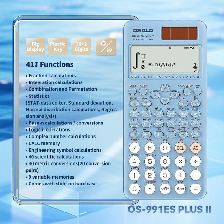 OSALO OS-991ES PLUS II Scientific Calculator With 417 Functions Solar Powered Large Display Desktop Calculator(Blue)