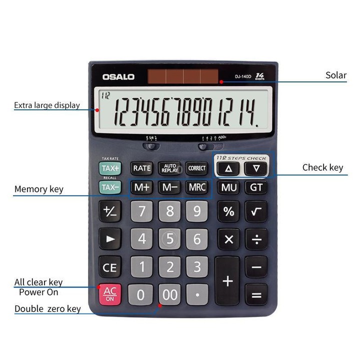 OSALO DJ-140D Check & Correction Calculator 14 Digits with 112-Step Review Solar Power for Office Accounting and Finance